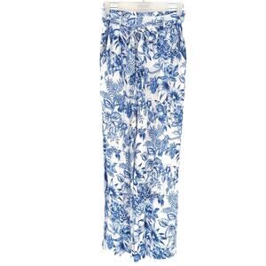 Blue & White Floral Smocked Waist Belted Straight Leg Pants - Size M - NWOT